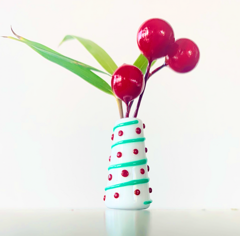 Custom Dandelion Vase - Holiday Green Swirls Red Polka Dots