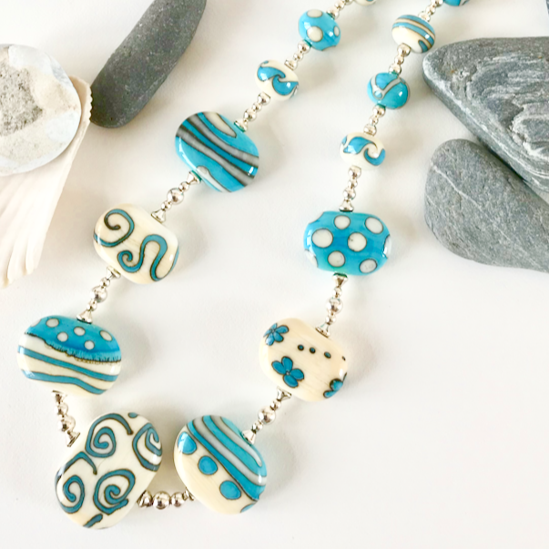 Turquoise and Cream Flat Bead Necklace